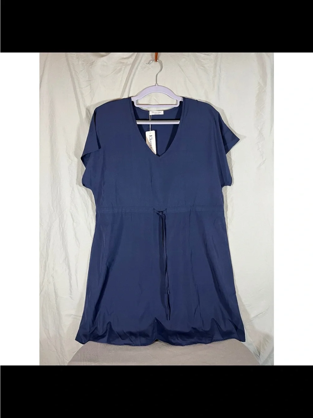 Casual V-Neck Navy Swim Coverup with Drawstring Waist